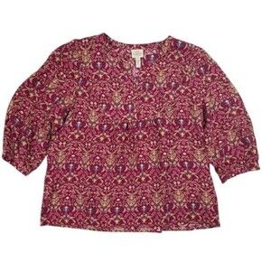 St Johns Bay Boho Floral Peasant Blouse Top Indie Flowy Split Neck Jewel Tone XL